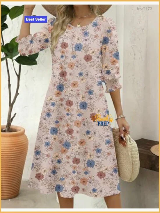 Floral Midi Dress with Pockets 3/4 Sleeve Casual Summer Dress - Picture 3 of 7